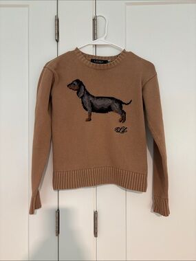 Lauren Ralph Lauren Tan Crewneck Sweater with Dachshund Intarsia